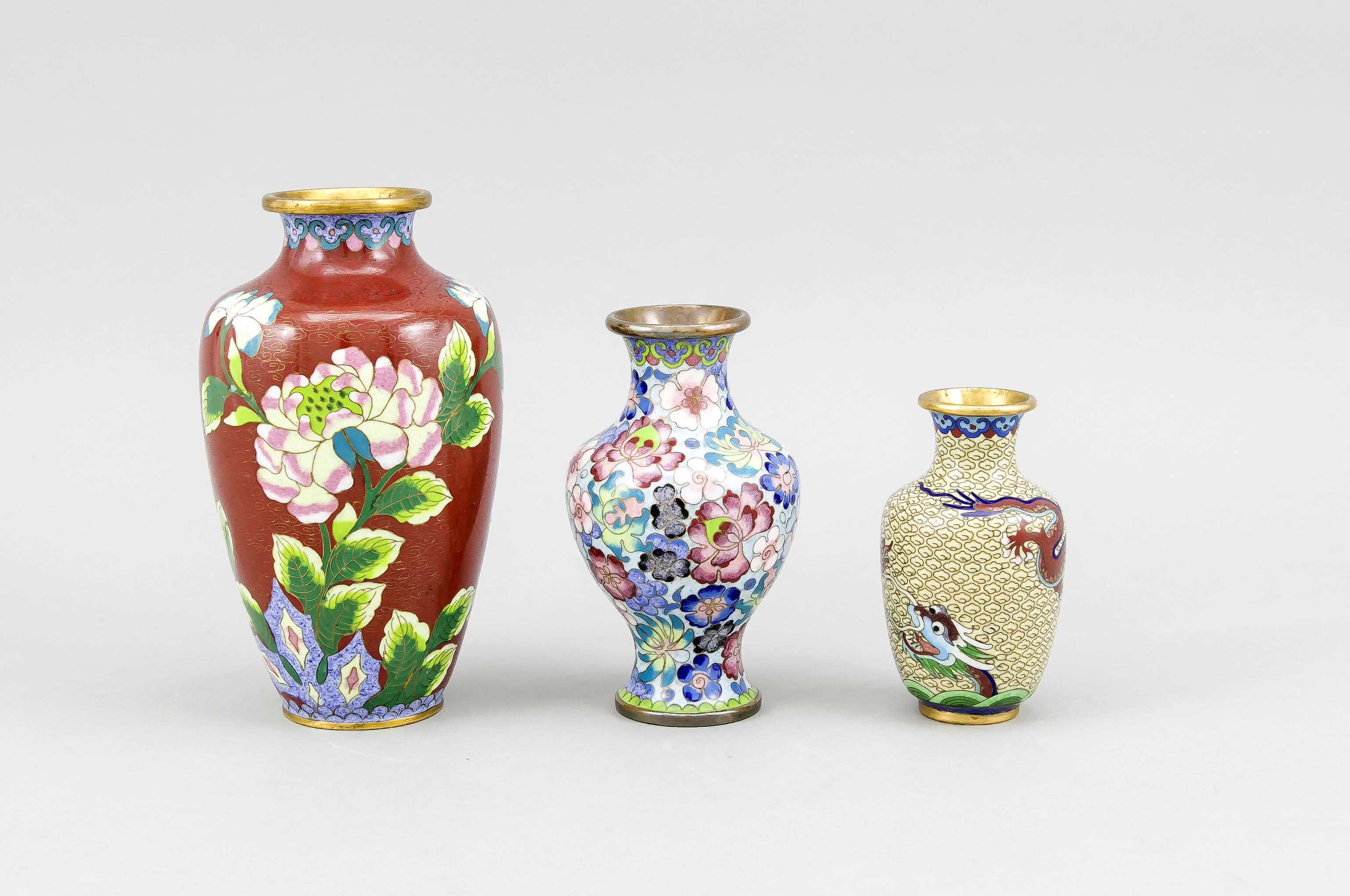 3 Cloisonné-Vasen, China, 20