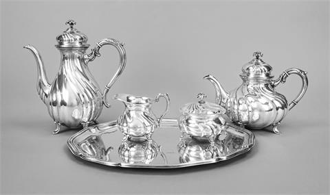 Four-piece coffee and tea pot on tray