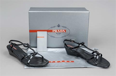 Prada, wedge sandals, black patent le