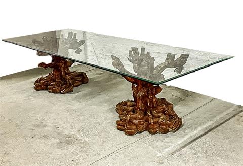 Large unusual glass table with burl w