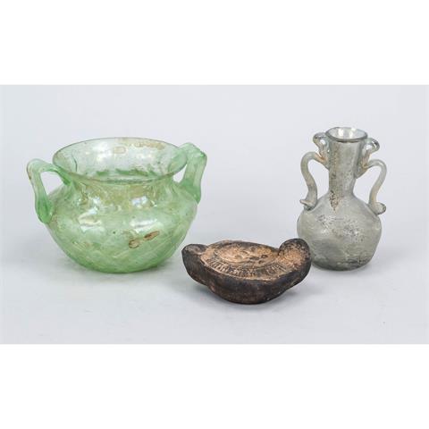 2 hand-blown glass vessels and