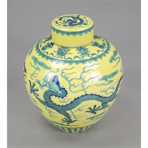 Yellow-ground lidded pot with d